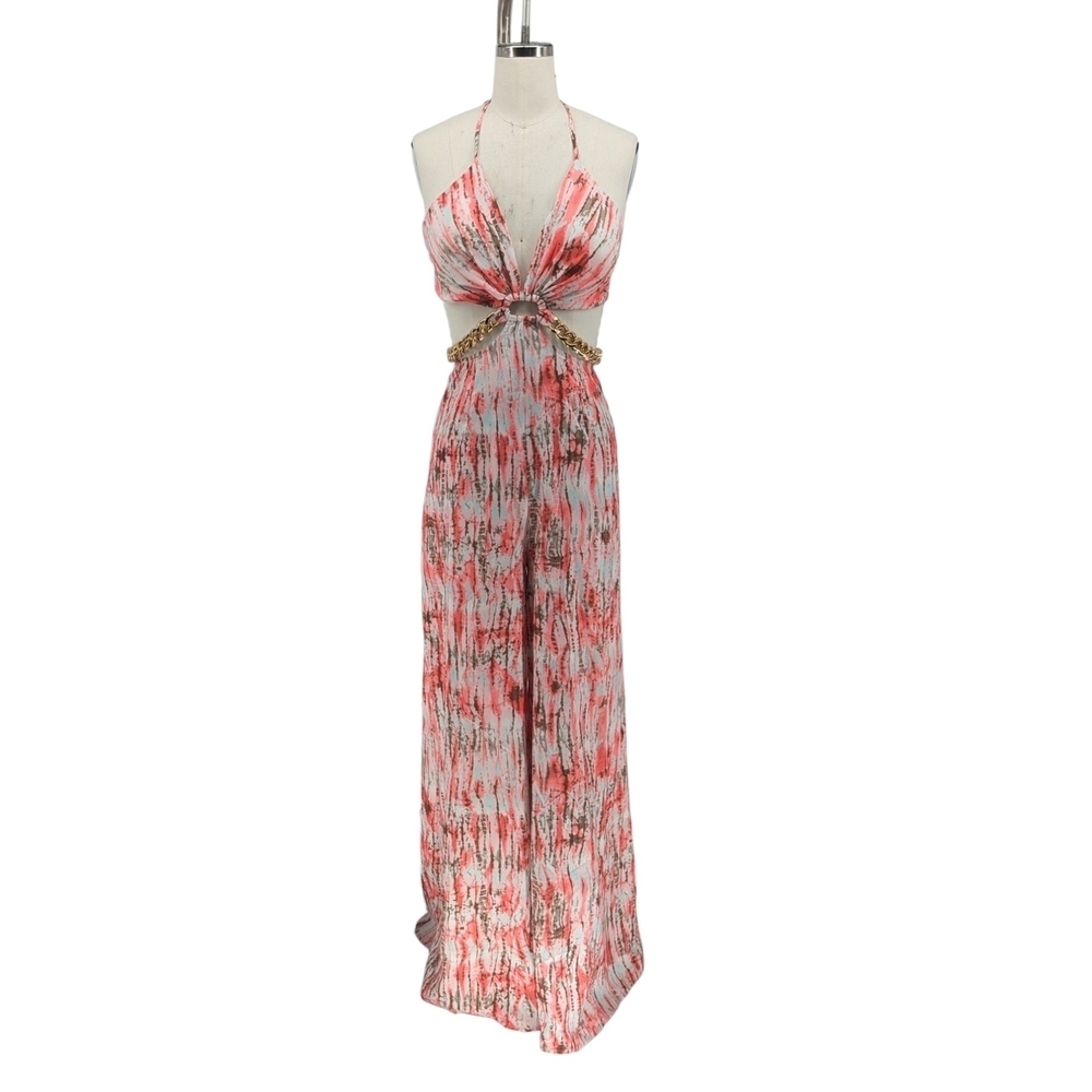 Miss Avenue Printed Chain Waist Wide Leg Jumpsuit Pink White M resortwear retro
